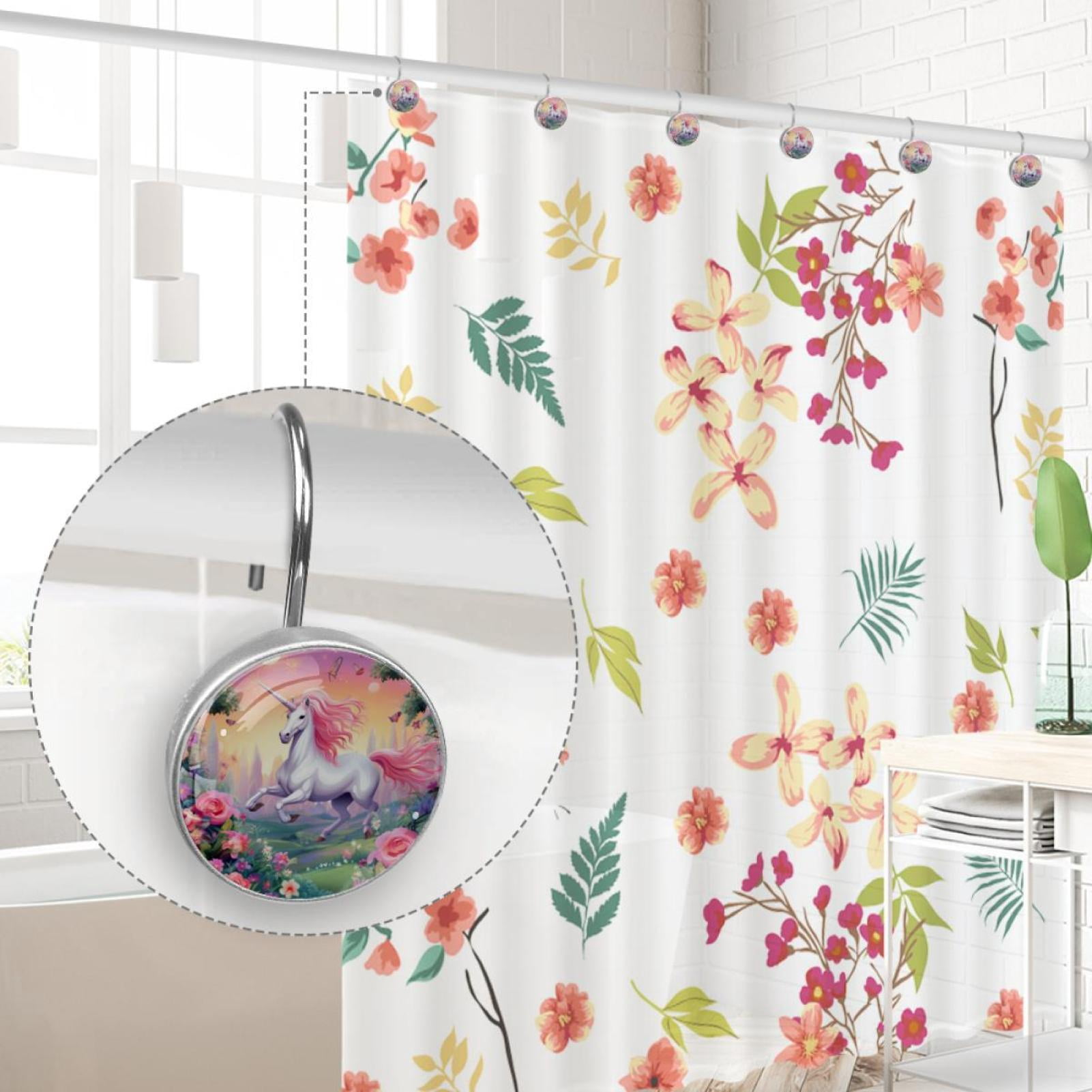 Unicorn Shower Curtain Hooks （Set of 12） for Home Hotel Shower Rods Bathroom Crystal Glass Print Stainless Steel Round Curtain Hooks