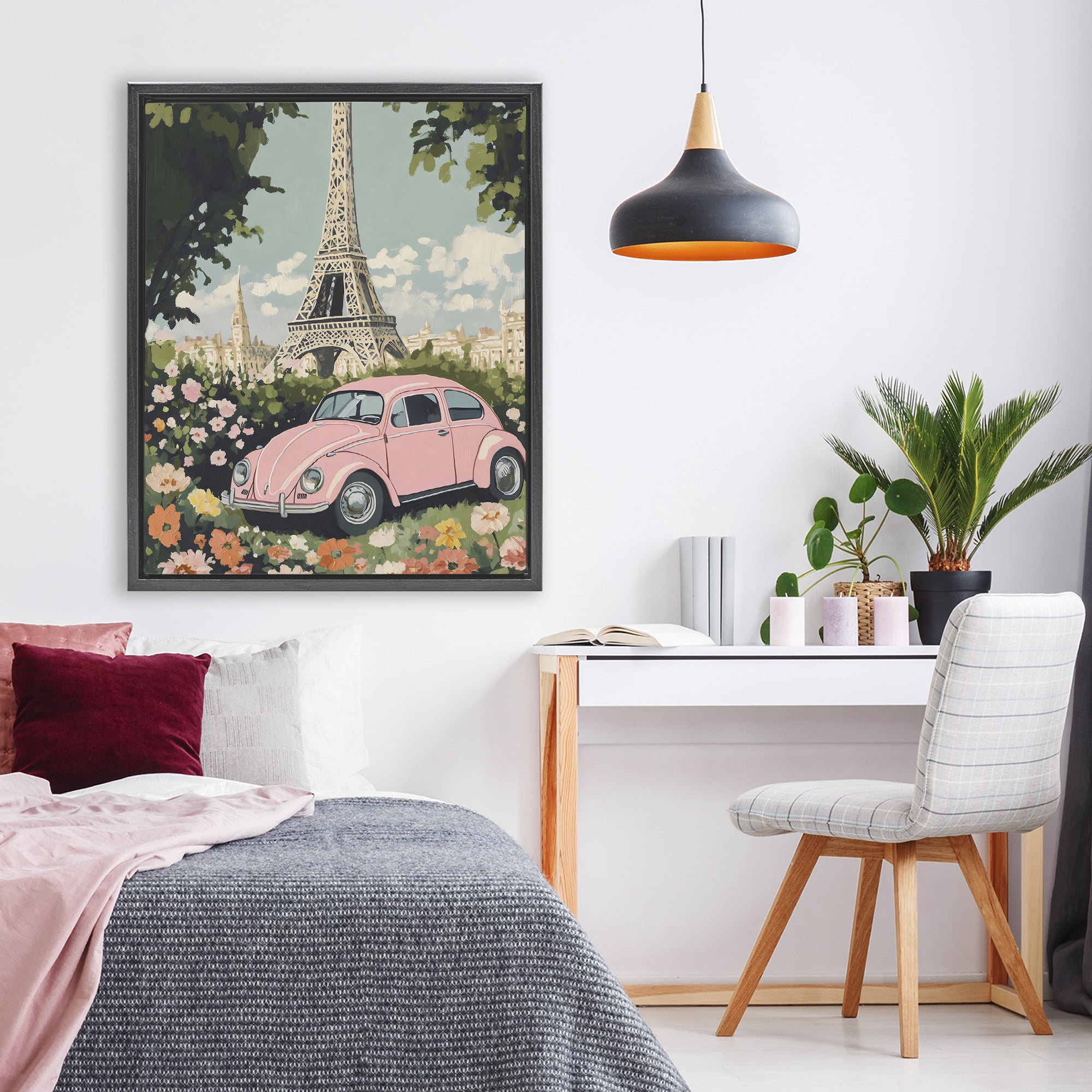 Stupell Industries Paris Pink Car in Bloom Black Framed Floater Canvas Wall Art, design by The Prints Vibe