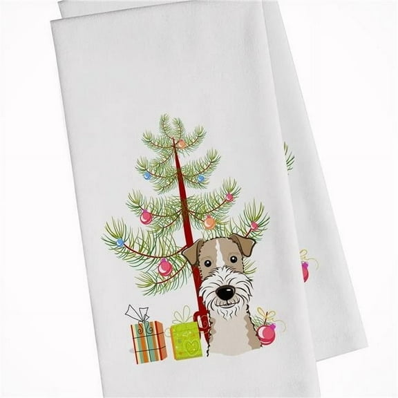 Christmas Tree & Wire Haired Fox Terrier White Kitchen Towel - Set of 2