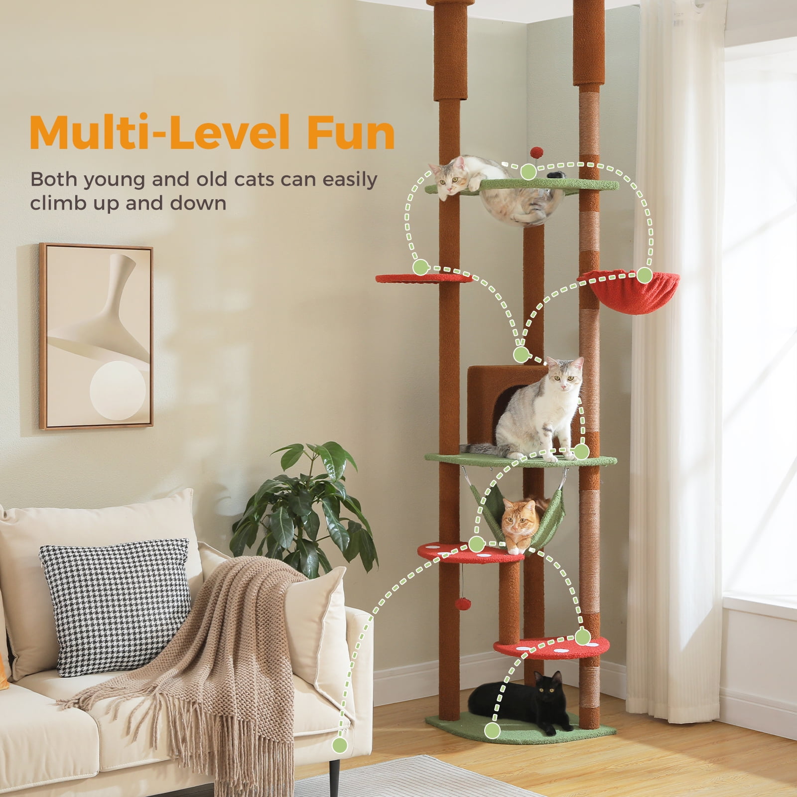 Kadyn 92.9"-101.6" Height Adjustable Cat Tower Kitty Climbing Play House Floor to Ceiling Cat Tree for Indoor with Cozy Cat Condo, Brown