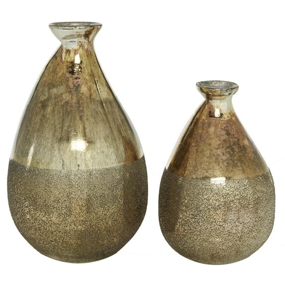 DecMode 12", 9"H Blown Washed Ombre Teardrop Gold Glass Vase with Textured Base, Set of 2