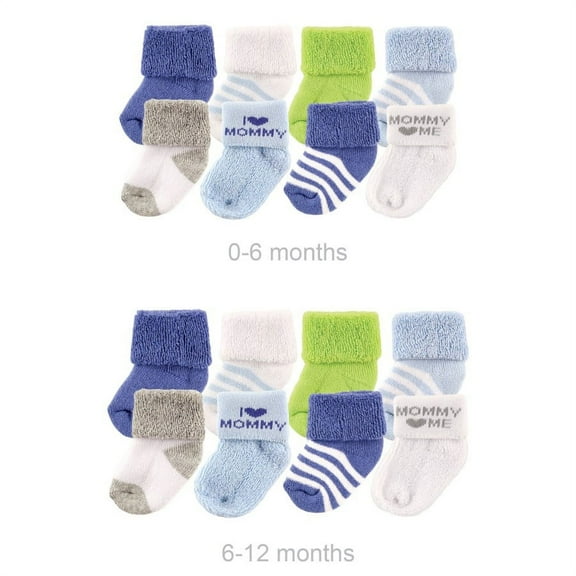 Luvable Friends Infant Boy Grow with Me Cotton Terry Socks, Blue Mom, 0-6 and 6-12 Months