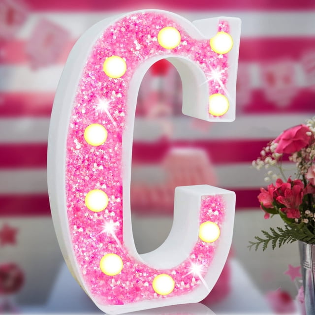 Lamp Elnsivo, luz LED con purpurina, letras del alfabeto, color rosa