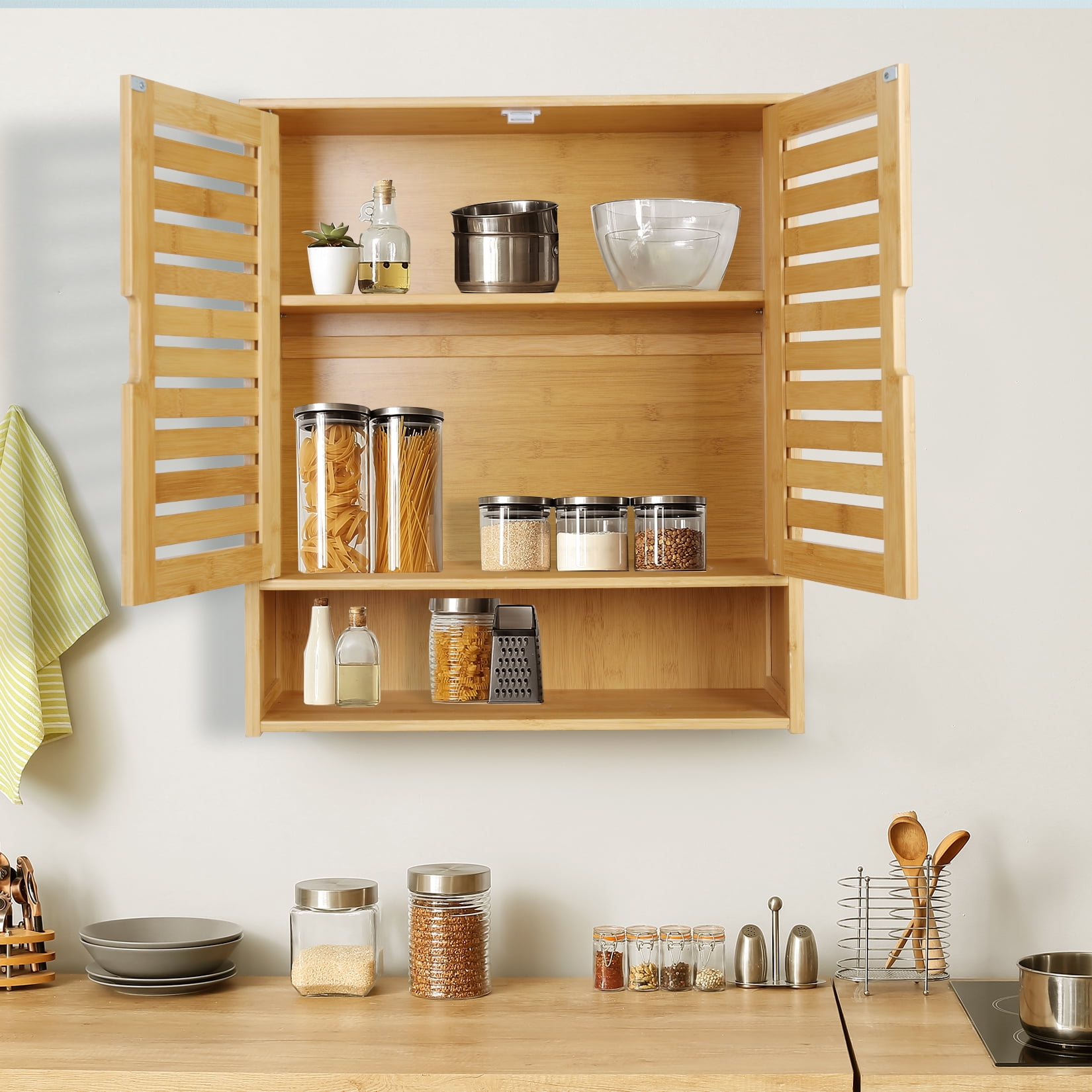 LUVODI Bamboo Bathroom Wall Cabinet Wall Mount Medicine Cabinet Storage Organizer with 3 Tier Adjustable Shelf