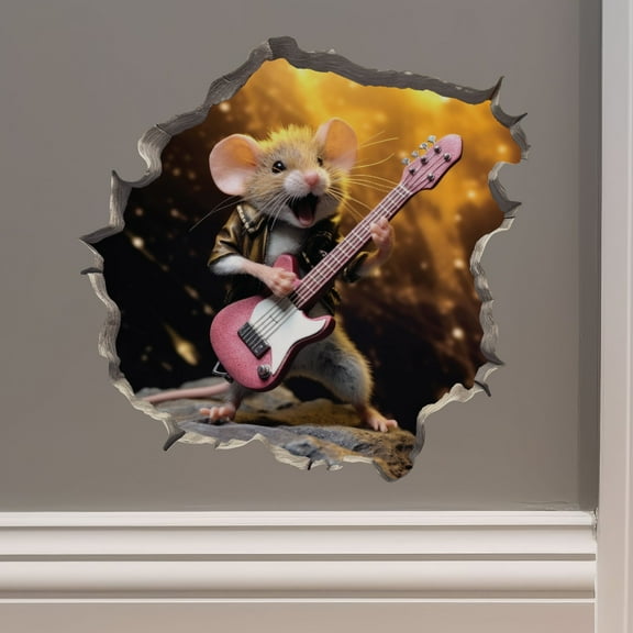 Rock and Roll Mouse in Mouse Hole Decal - Mouse Hole 3D Wall Sticker