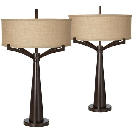 Franklin Iron Works Mid Century Modern Table Lamps Set of 2 Rich Bronze Iron Burlap Fabric Drum Shade for Living Room (Best Blade Irons For Mid Handicappers)