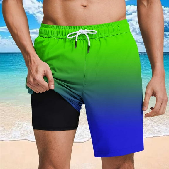 Aueoeo Men's Color Gradient Shorts Summer Beach Shorts Hawaiian Swim Trunks Sports Bathing Suits with Mesh Lining Army Green L
