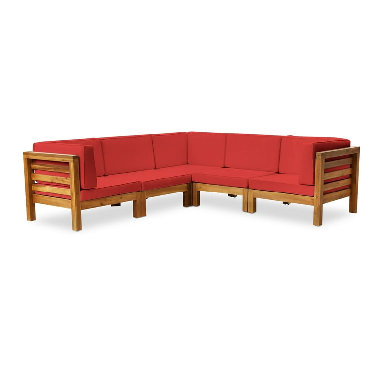Frankie Outdoor 5 Piece Acacia Wood V Shaped Sectional Sofa Set and Cushions Teak Red
