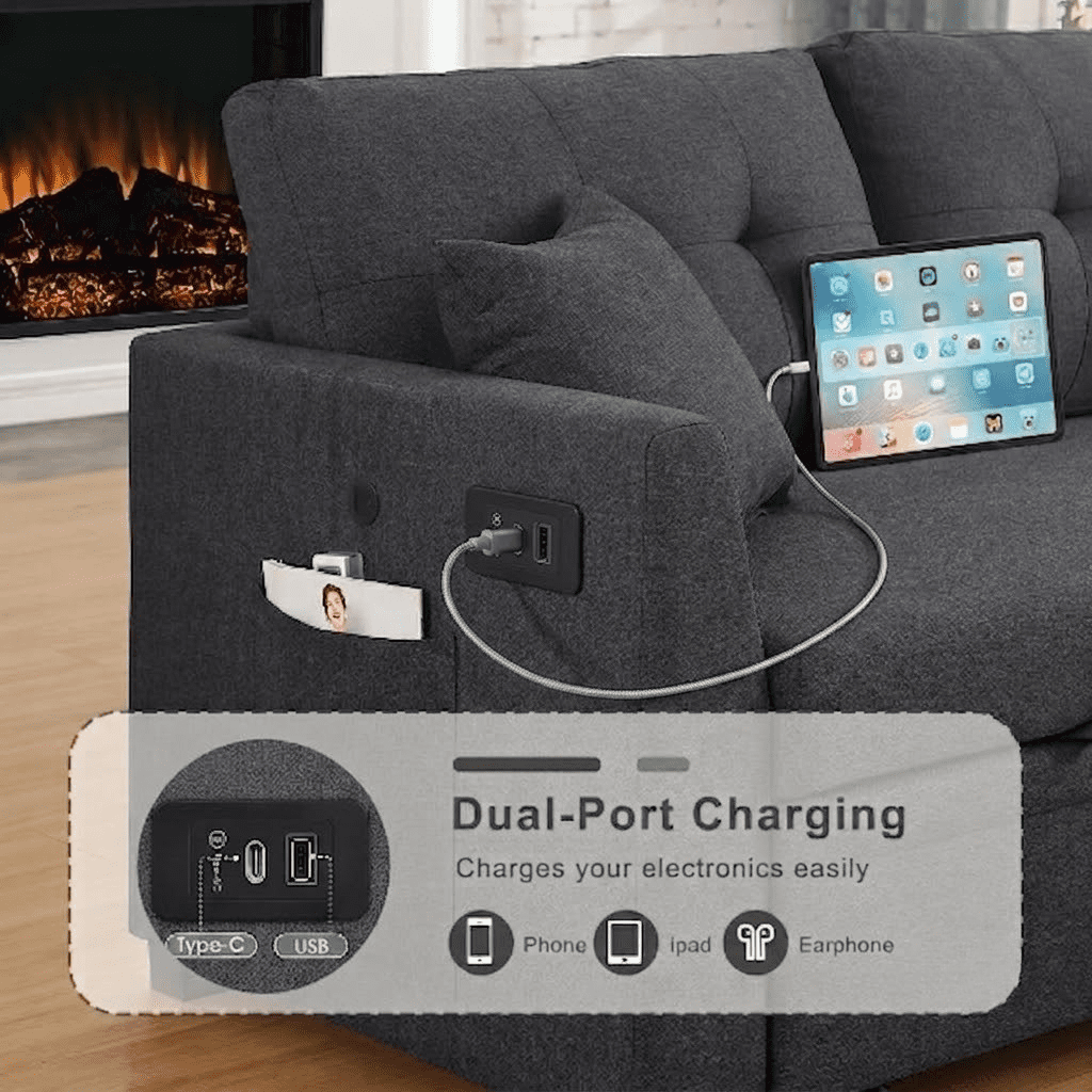 EPOWP 82" Sectional Sofa Bed, L-Shaped Sleeper Pull Out Couch with Storage Chaise & USB Charging Ports, Linen Fabric for Small Apartment Living Room,Dark Grey