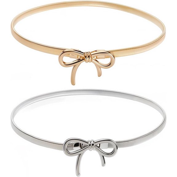 2Pcs 2 Colors Gold Silver Belt Set Alloy Skinny Bowknot Design Waistbands Adjustable Thin Fashion Waist Chains Belts for Women Ladies