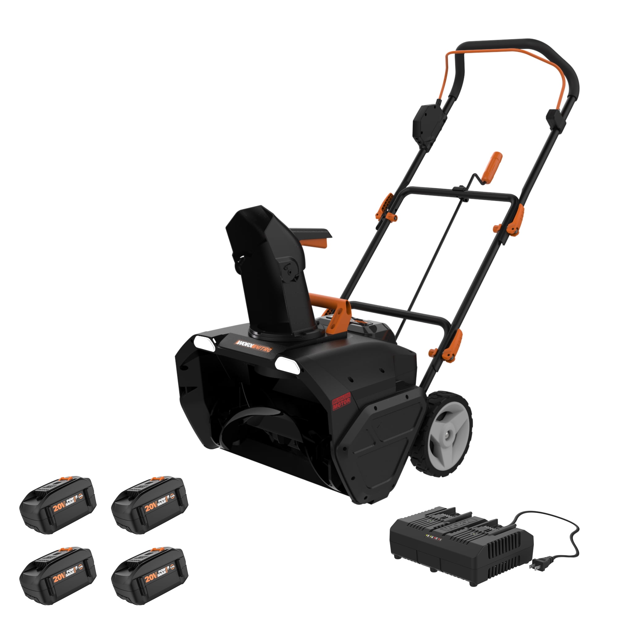 Worx 40V Power Share 20" Cordless Snow Blower with Brushless Motor, with 4 - 4Ah Batteries and Dual Quick Charger (2X the runtime compared to like models with only 2 batteries)