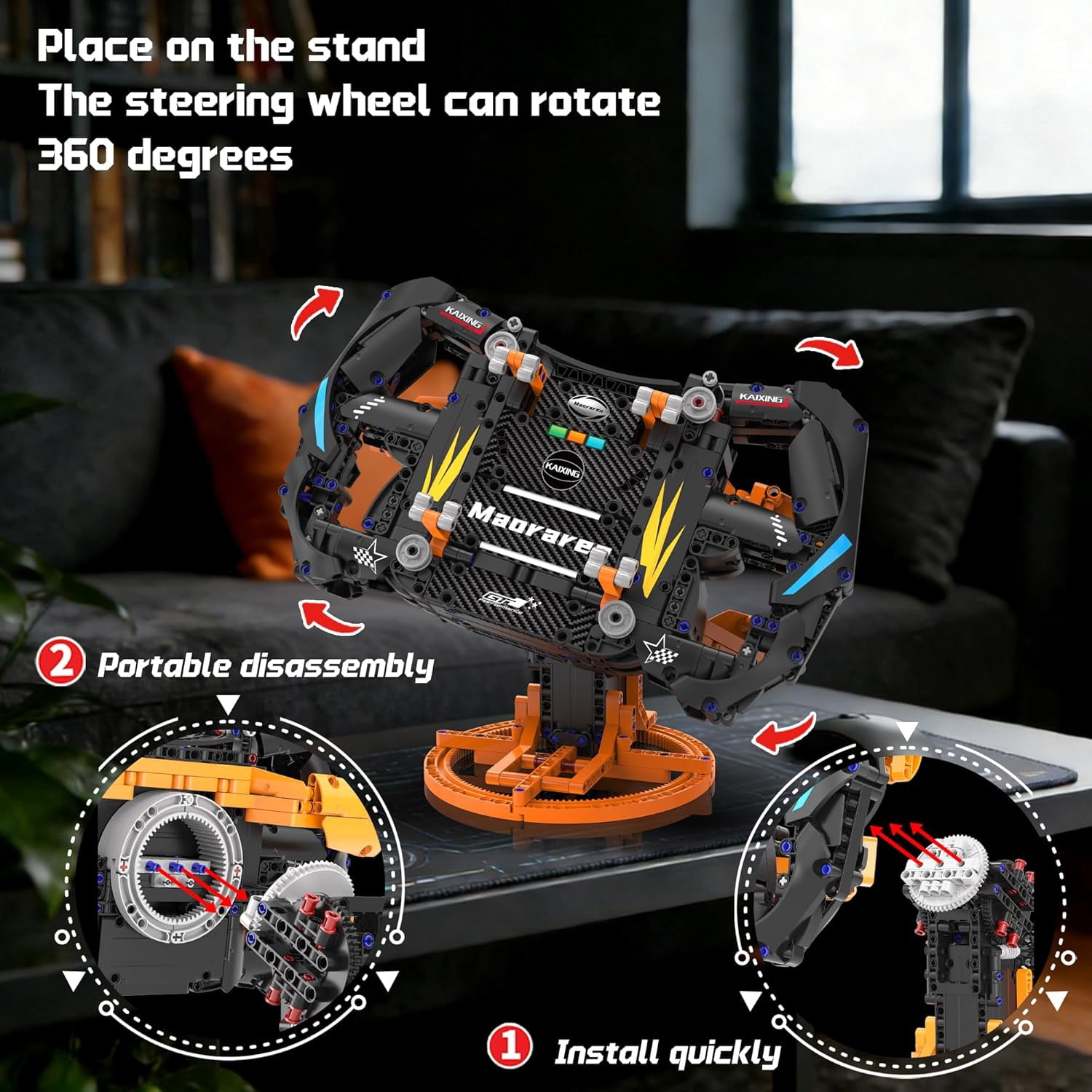 Racing Simulator Steering Wheel Building Set, Mechanical Formula Sim Cars Driving, Collectible Model Kit with Moving Parts & Phone Holder, 935PCS