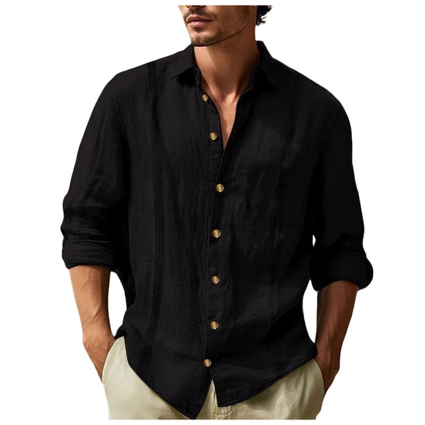 Camisa de manga larga con solapa y cuello de botón para hombre - Prenda informal para vacaciones, tejido de poliéster, versátil para interior y exterior - Tallas S-XXXL