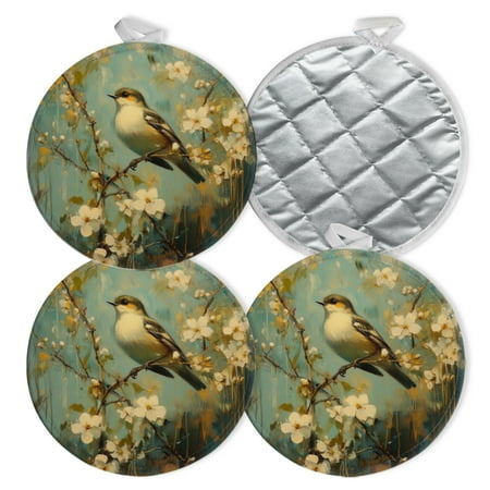 

4 PCS Pot Holders for Kitchen Potholders Sets with Hook for Oven Cooking Baking Small Bird With Blue - Toned Flowers