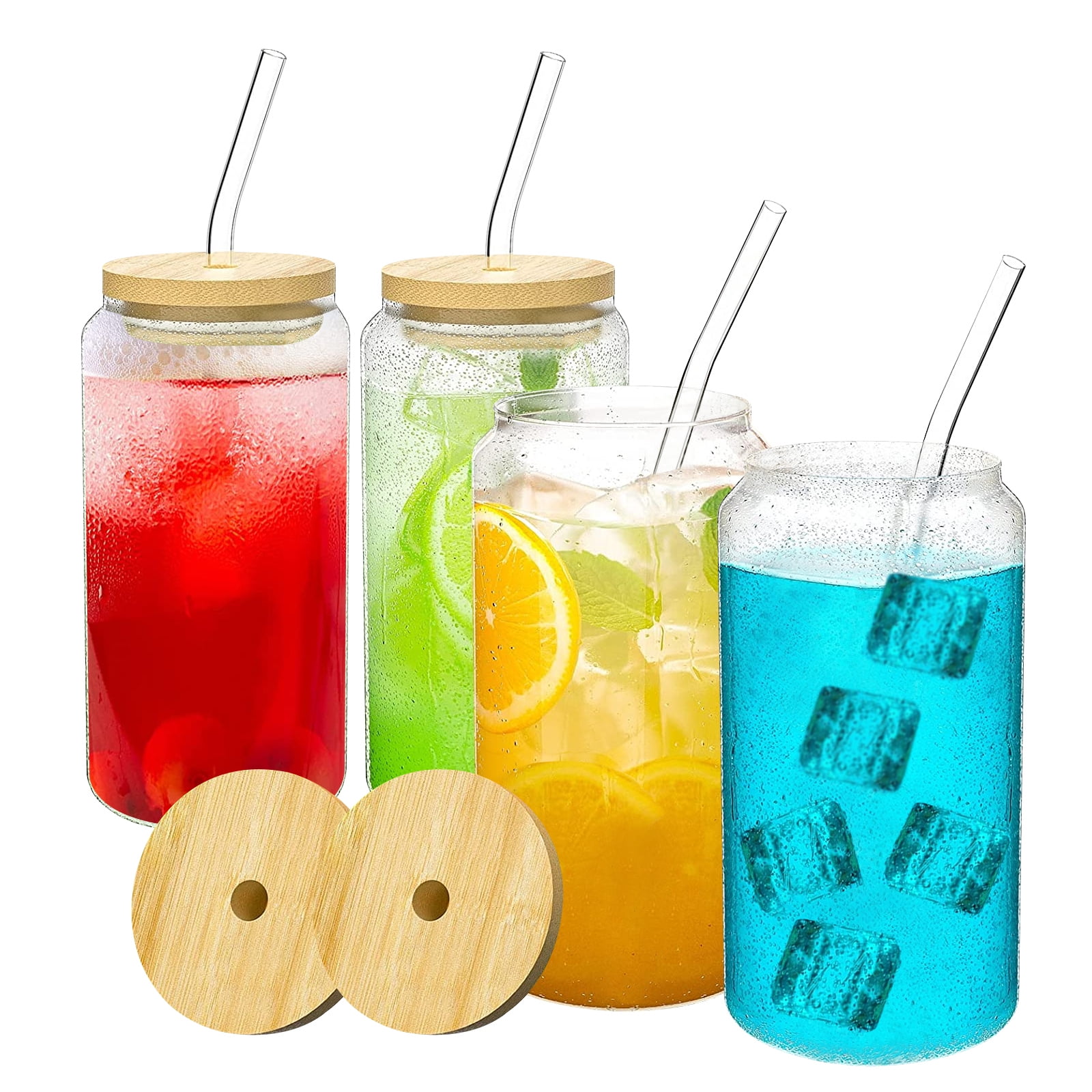 Drinking Glasses with Lids and Straw, 16oz Can Shaped Glass Cups, Beer Glasses, Iced Coffee