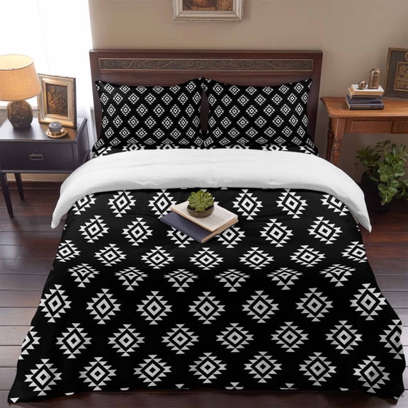 Classic Whtie Black Pattern 4 Piece Bedding Set, Abstract Tribal Aztec Western Twin Size Duvet Cover Set with Zipper Closure & Corner Ties Soft Breathable Comforter Cover for Bedroom
