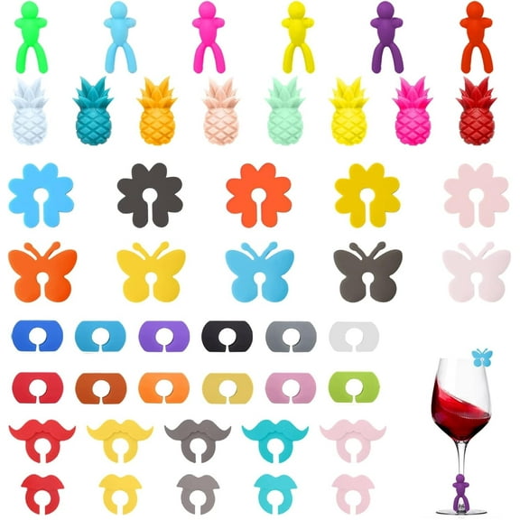 SPOKKI Wine Glass Charms, 46 Reusable Silicone Drink Tags for Stem Glasses (6 Styles)