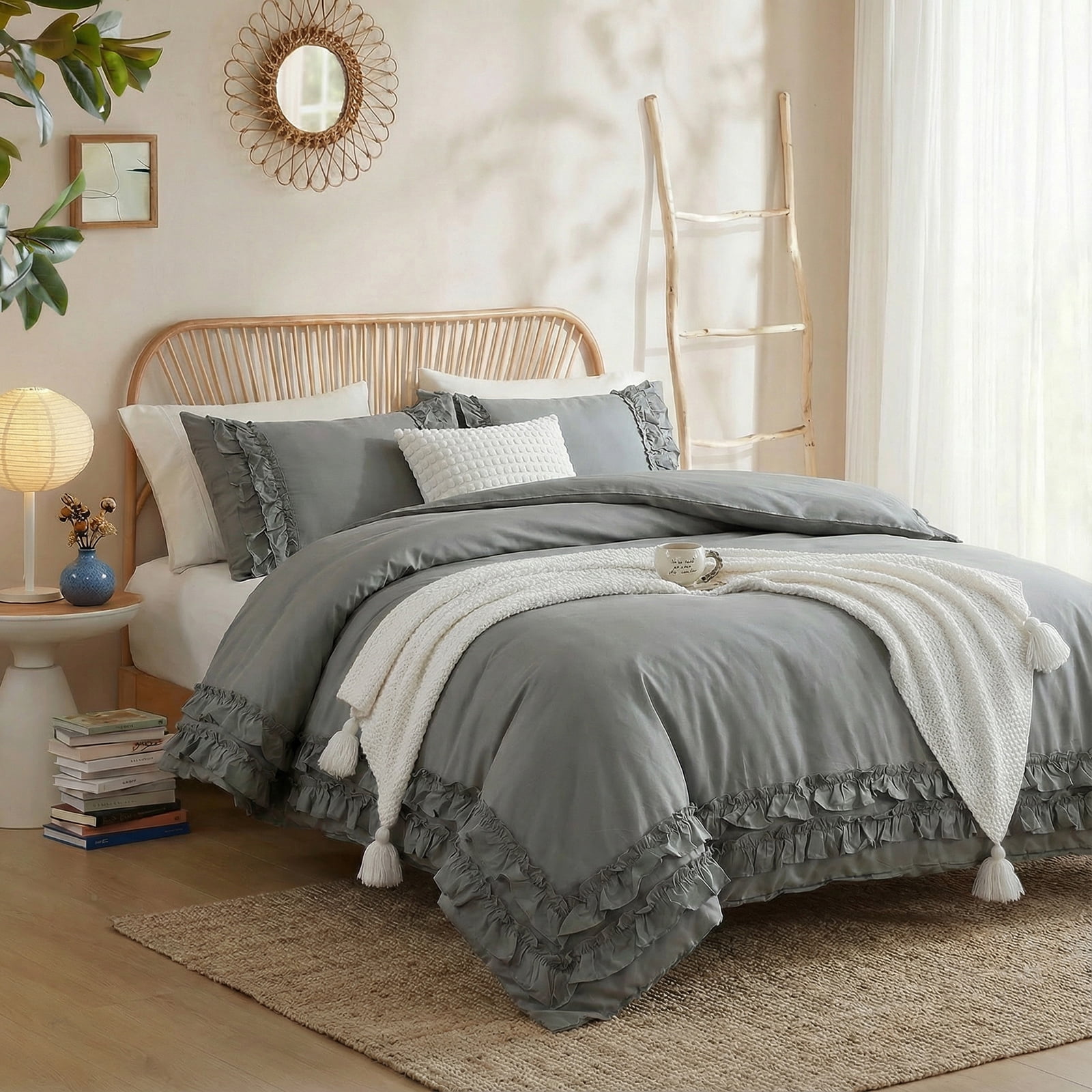 100% Cotton Ruffled Comforter Set Queen, White Shabby Chic Farmhouse Bedding Set French Country Cute Comforter Set