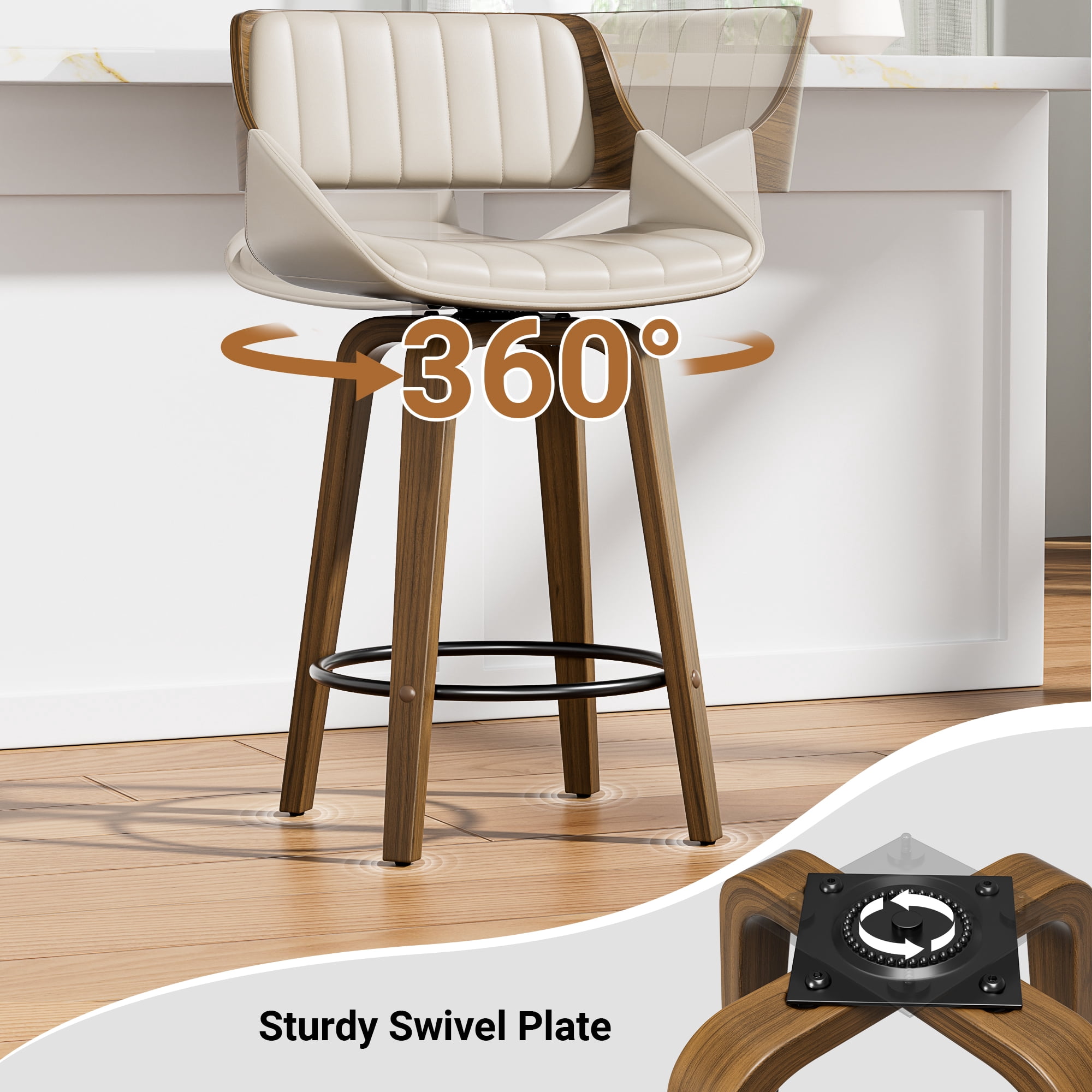 LainTene 26" Swivel Counter Height Bar Stool with Walnut Bentwood Frame, Faux Leather Seat & Footrest, Mid-Century Modern Chair for Kitchen Island, Bar, or Café (Set of 4)