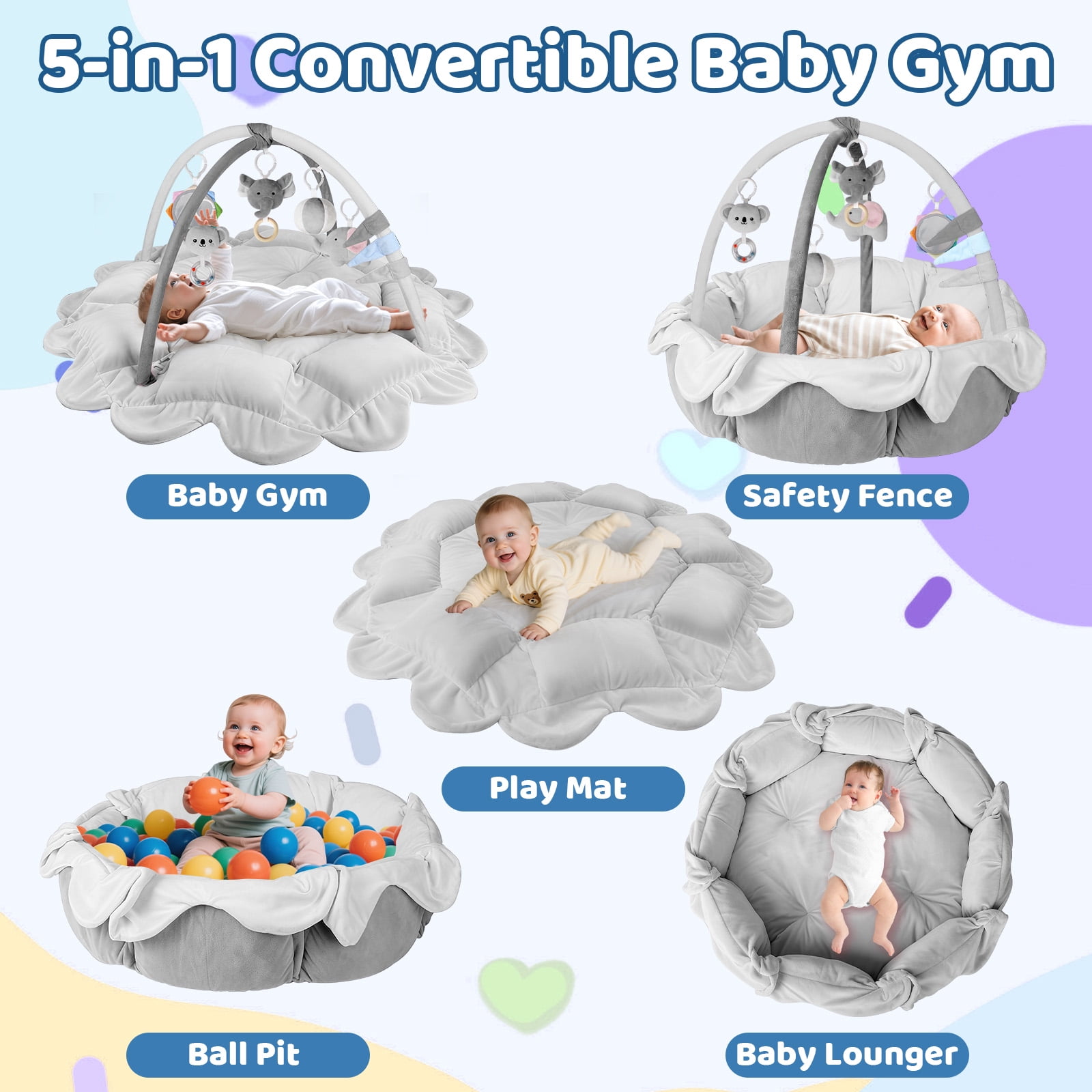 OMZER 5-in-1 Convertible Baby Play Gym, Non-Slip & Washable Activity Center for Babies, Grey
