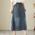 thumbnail image 5 of YUEJUIR Spring and Summer Half Skirt Elastic Waist A Line Skirt High Waist Embroidery Denim Retro Mid Length Style Slimming (Blue,L), 5 of 6