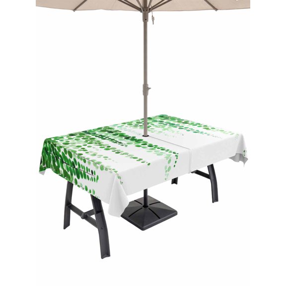 Outdoor Tablecloth with Umbrella Hole for Patio/Picnic/Party/Camping, Green Eucalyptus Leaves Waterproof Table Cloth Rectangle Table Cover Washable, Weeping Summer Botanical Watercolor (60"x 84")