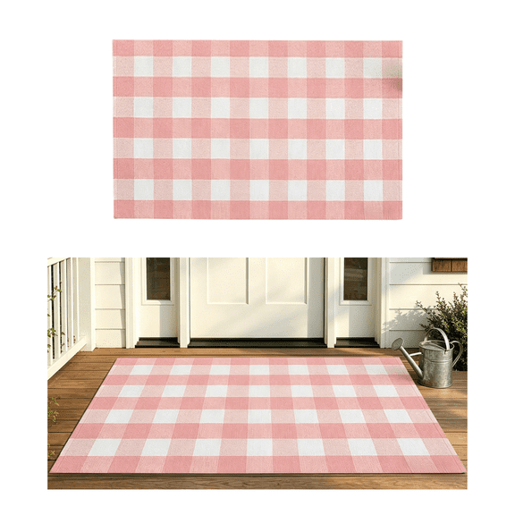 chaungfeng Spring Summer Pink and White Plaid Rug, 16" x 24" Layered Doormat for Front Door, Hand-Woven Washable Entryway & Porch Decor