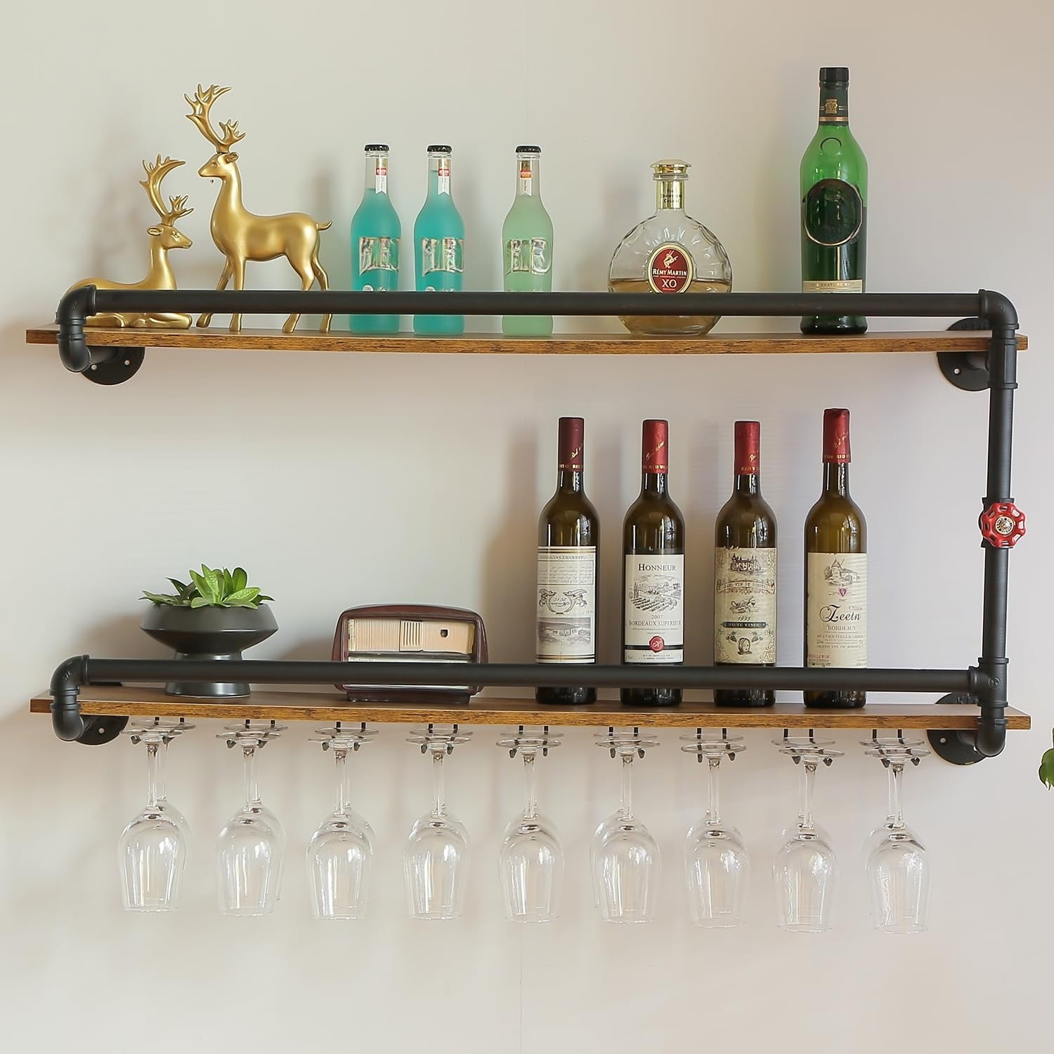 Wall Mounted Wine Rack Floating Liquor Shelves Hanging Home Bar Storage Organizer With Stemware Glass Holder Industrial Rustic Farmhouse Style Black One Piece