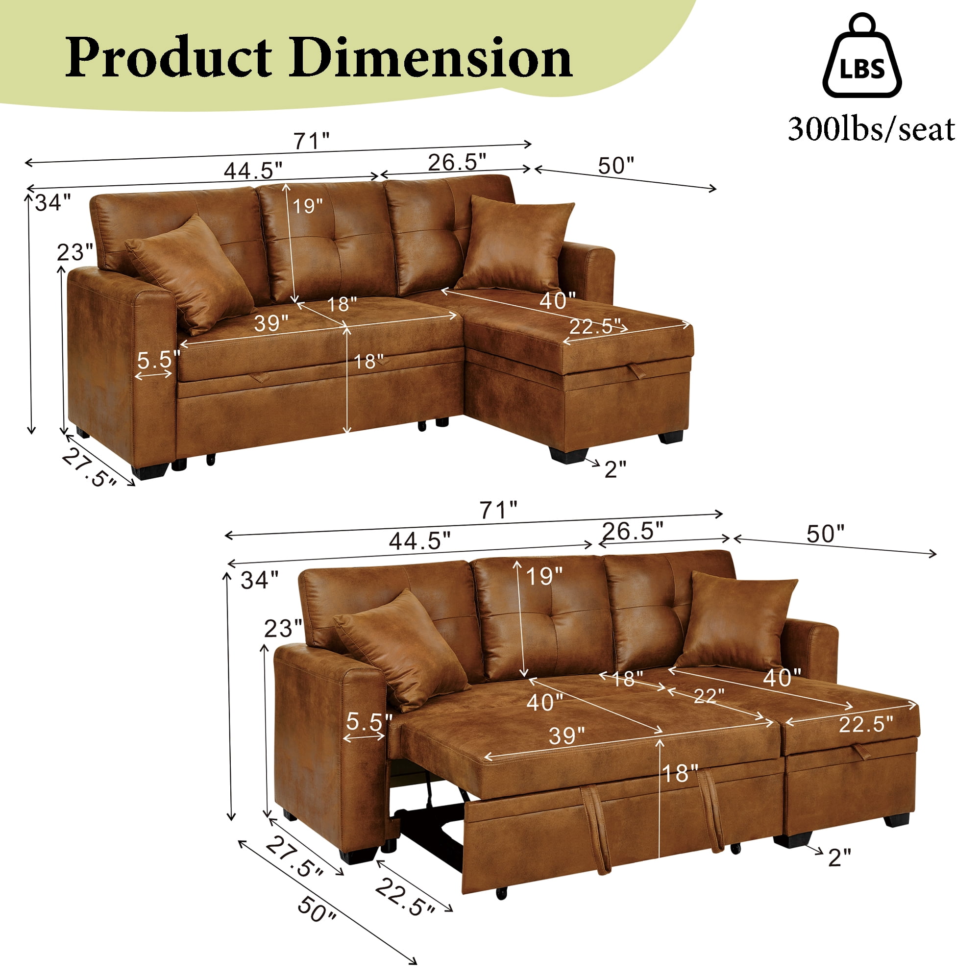 Sleeper Sofa Sectional with Pull-Out Bed – Reversible Chaise + Hidden Storage, Breathable Fabric, L-Shaped Couch for Small Spaces, Convertible Sofa Bed for Living Room