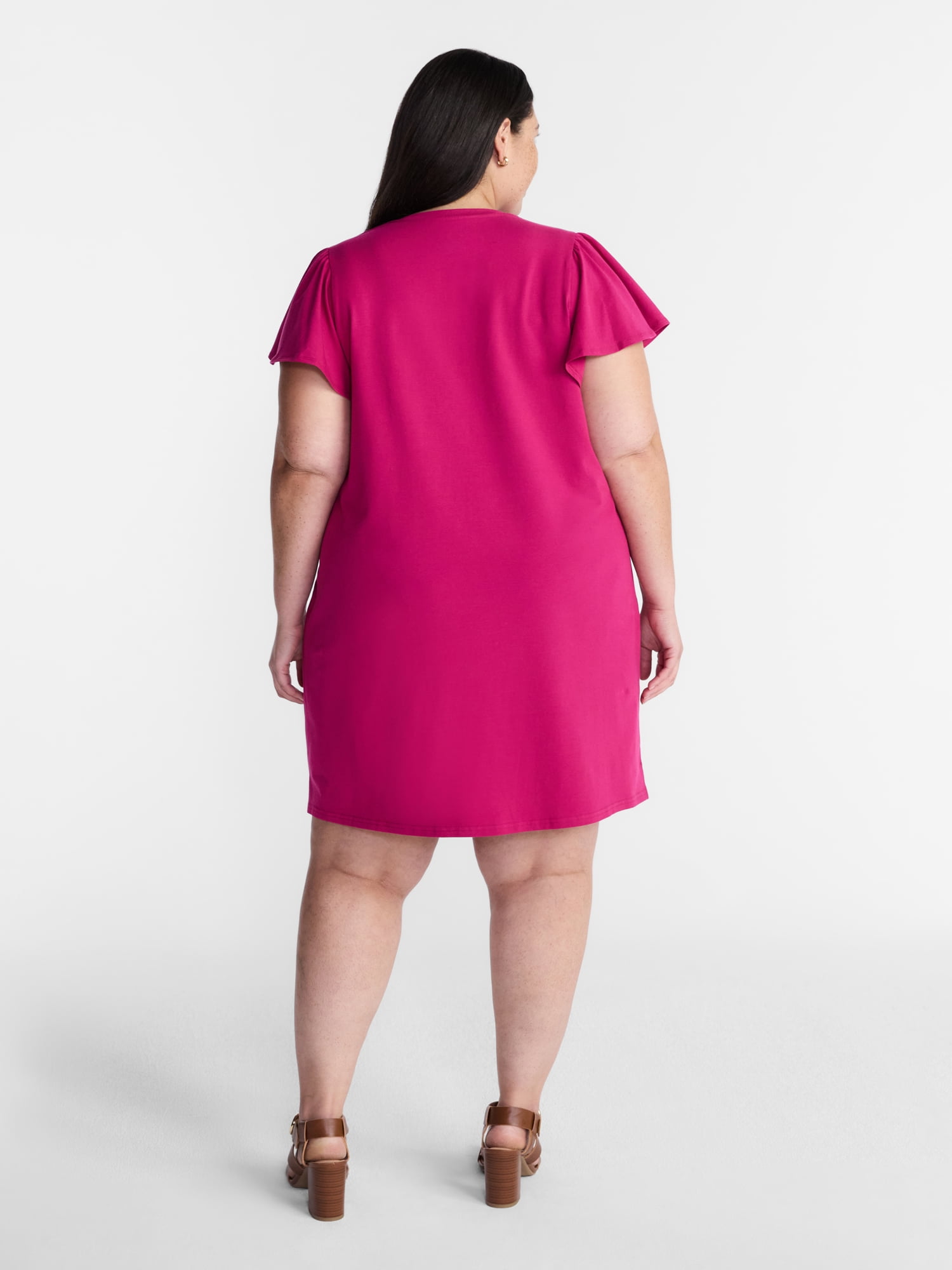 Terra & Sky Women’s Plus V Neck Mini Dress with Short Flutter Sleeves, Sizes 0X-5X