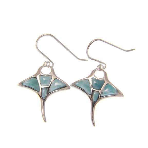 925 sterling silver heavy genuine natural larimar Hawaiian manta ray hook earrings
