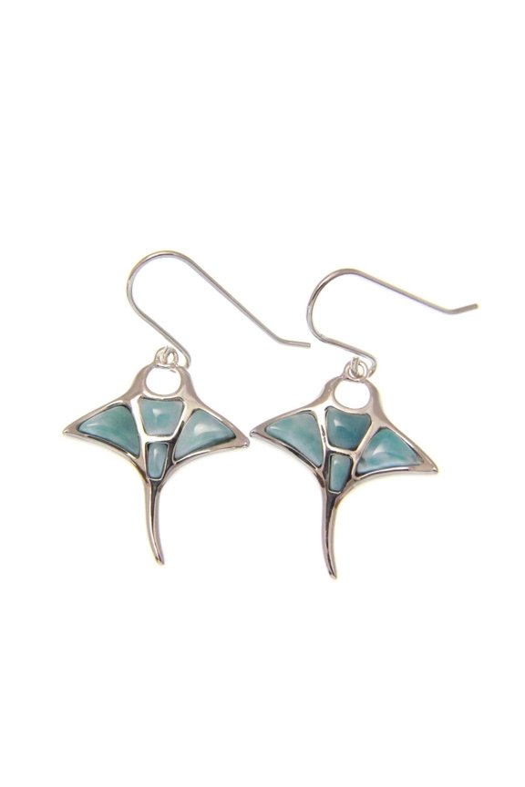 925 sterling silver heavy genuine natural larimar Hawaiian manta ray hook earrings