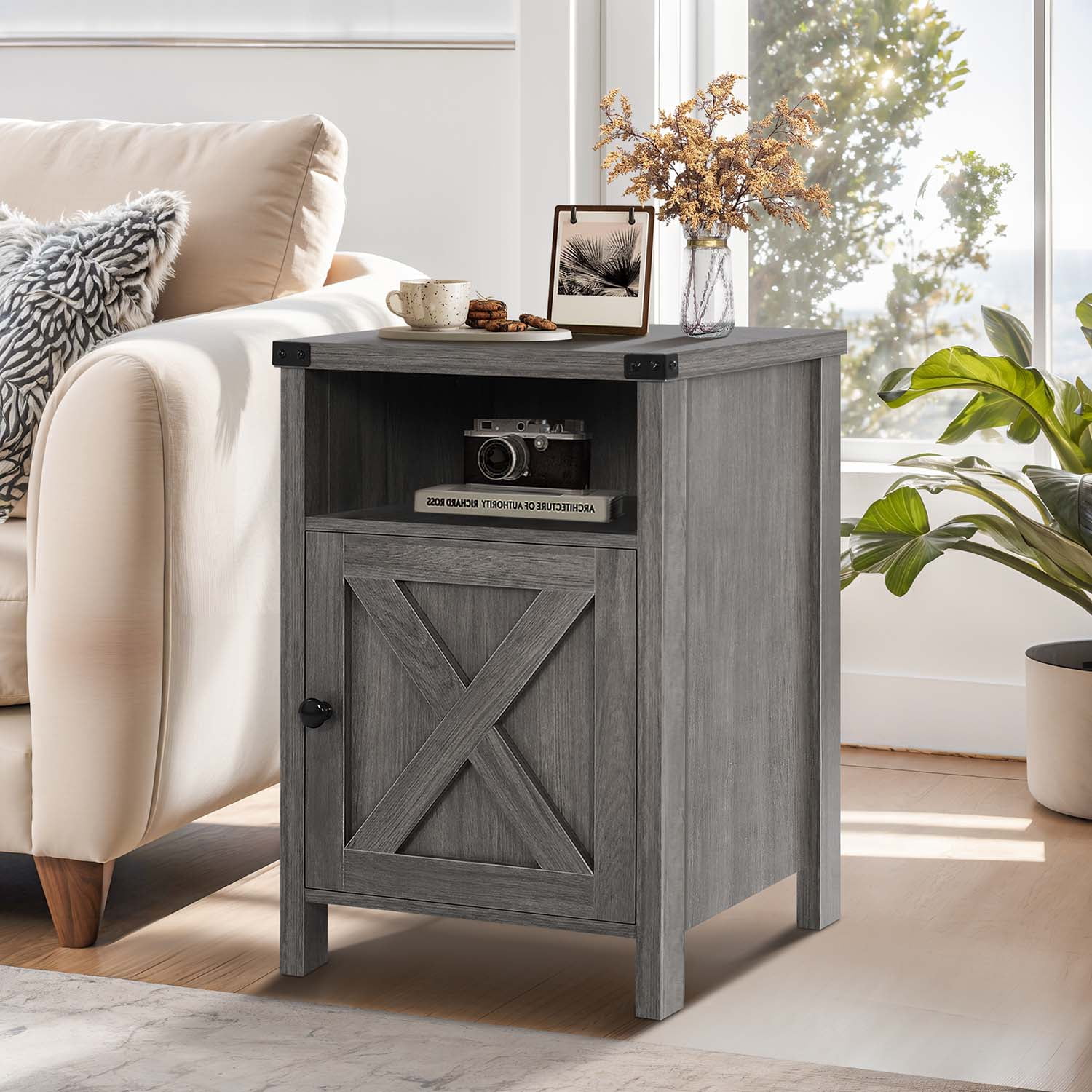 4 Ever Rustic Wood Bedside Night Stands, Set of 2, Farmhouse Style, Grey Wash