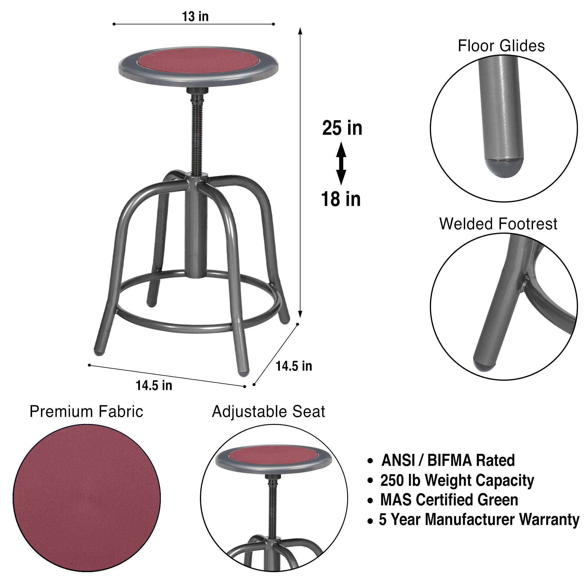 Vince Swivel Stool with Steel Seat, Grey Frame, Grey Seat with Burgundy Center