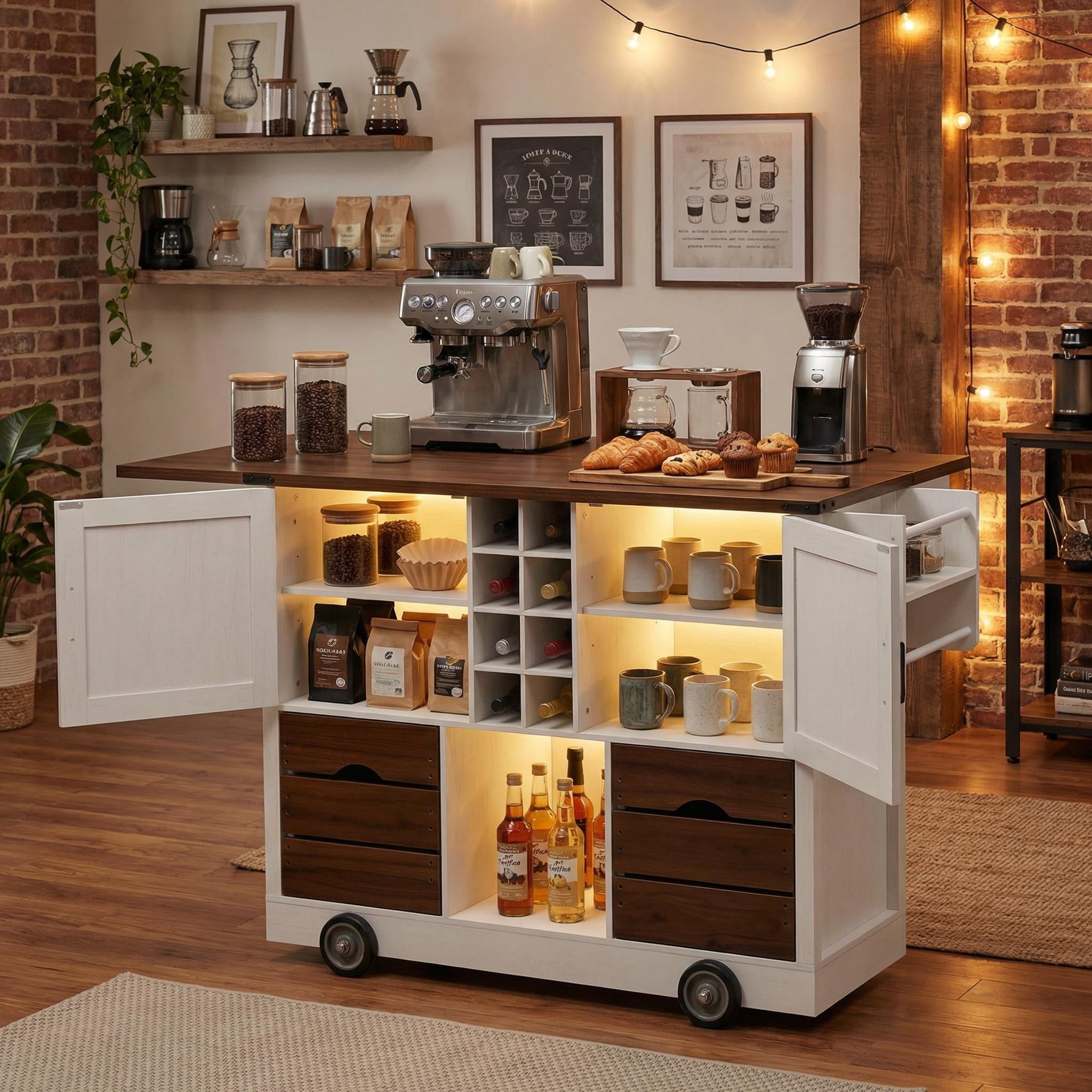 Homy Casa Rolling Kitchen Island Cart with Drop Leaf, Wine Storage, Drawers and Cabinets