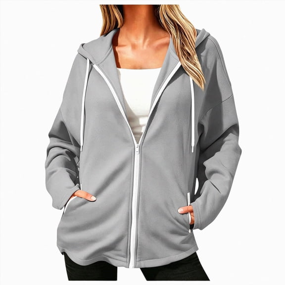 KPOPLK Women's Full Zip Up Hoodie Sweatshirts Oversize Long Sleeve Casual Hoodies Sweatshirt Jackets with Pockets(M,Light Gray)