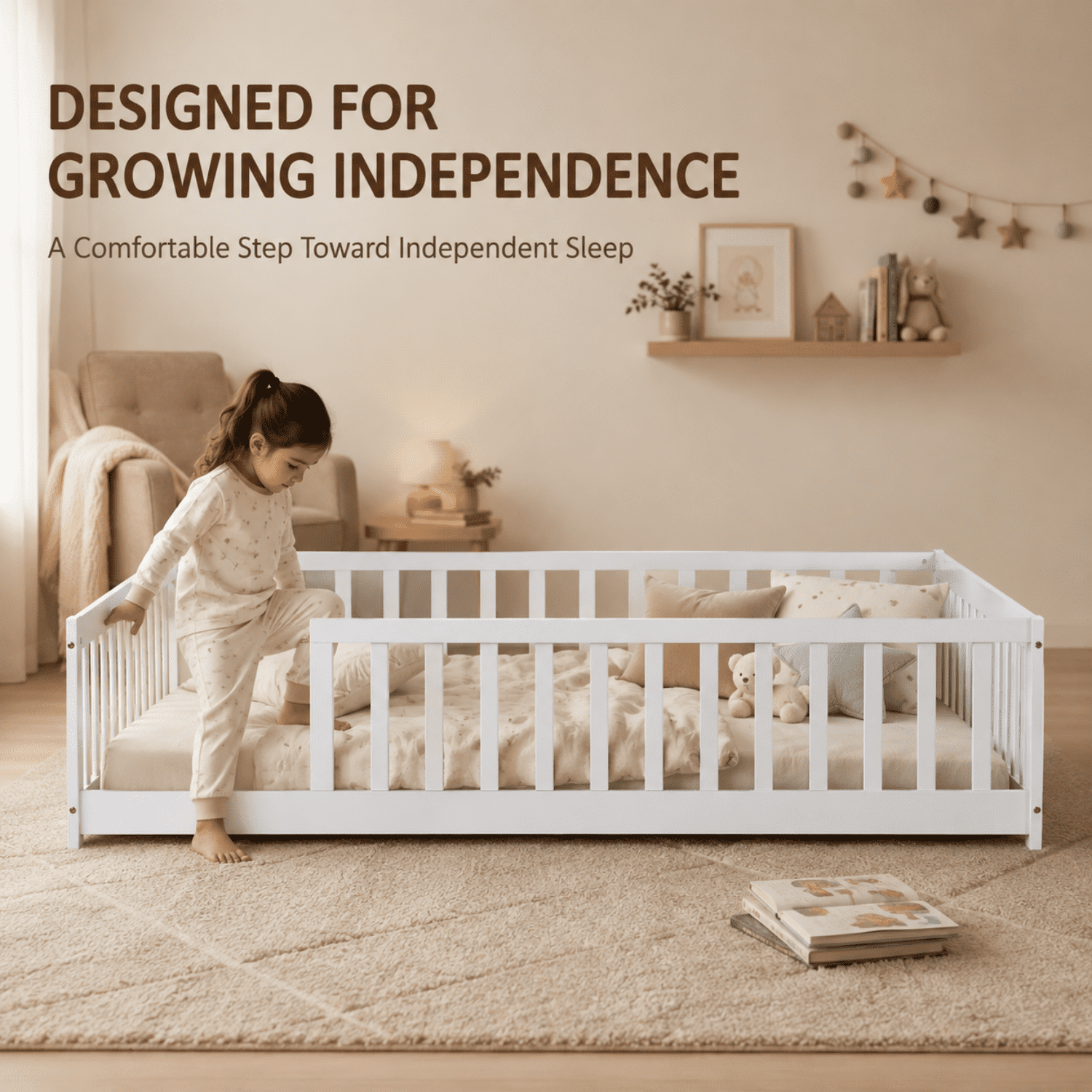Miniyam Full Size Montessori Kids Floor Bed Frame, Wooden Bed with Fence Rails, White