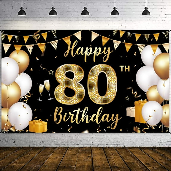 Happy 80th Birthday Banner Black and Gold 80th Birthday Party Decorations for Women Men Cheers to 80 Years Old Birthday Balloons Background Backdrop Banners