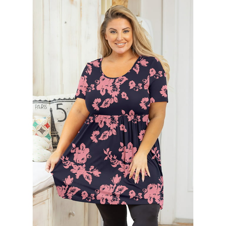 SHOWMALL Women's Plus Size Tunic Short Sleeve Shadow Rose 1X Scoop