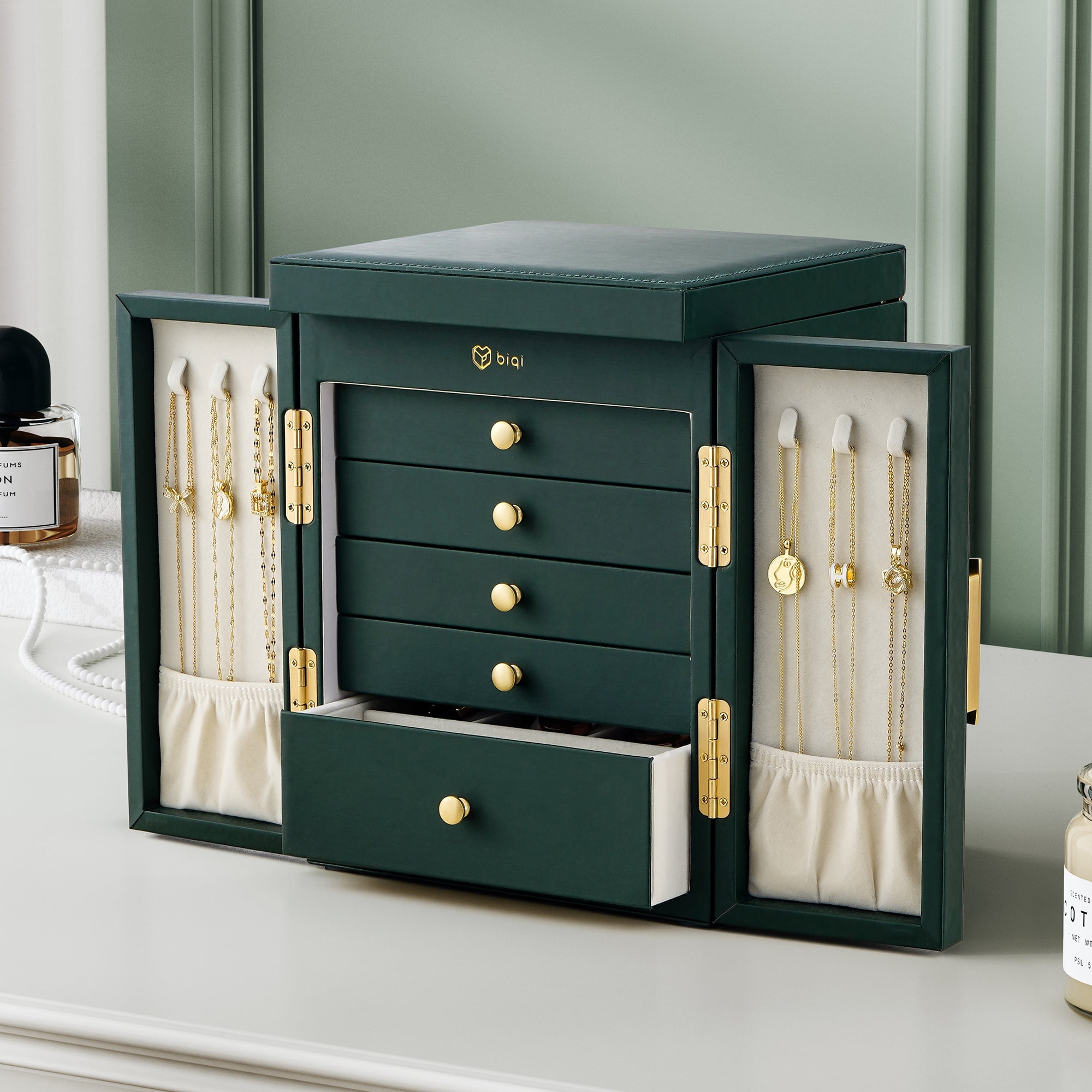 Casegrace 6-Tier Huge Jewelry Box for Women Girls with Mirror 5 Drawers Organizer Necklace Ring Earring Storage Opening Door Gift Case