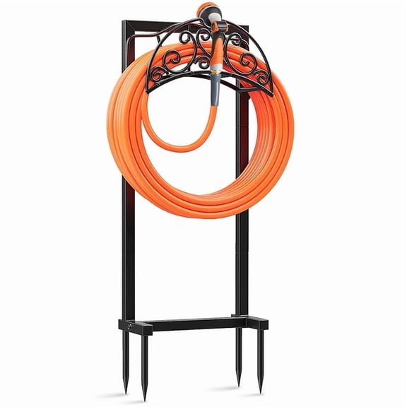 Metal Garden Hose Holder with Hose Reel, 4-Anchor Base for Enhanced Stability, Detachable Freestanding Design, Heavy-Duty Rust-Proof Storage for Outdoor, Garden, Lawn, Patio, Black