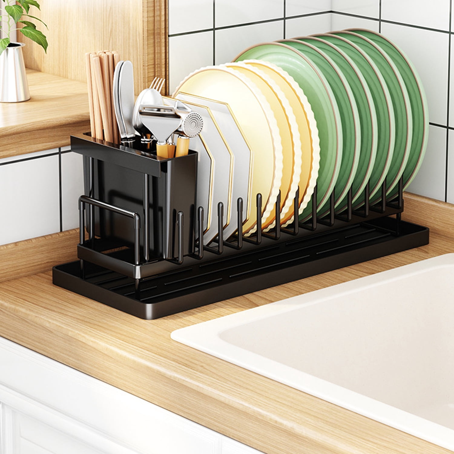 BTideas Dish Drying Rack for Kitchen Counter,16.5×6.7'' Cutlery Holder for Plates,Cups,Bowls（Black）