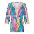 thumbnail image 4 of Lovskoo 2024 Women's Dressy Tops Summer Shirt Blouse Casual Loose 3/4 Sleeve Lace Trims Print V Neck Tops Tops Shirts Tee Multicolor S, 4 of 5