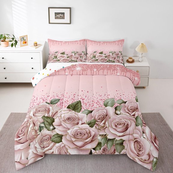 Pink Rose Comforter Set Diamond Crystal Fluid Art Bedding Set,Abstract Ombre Down Comforter Romantic Garden Flowers Quilt Set,Boho Floral Bohemian Decor