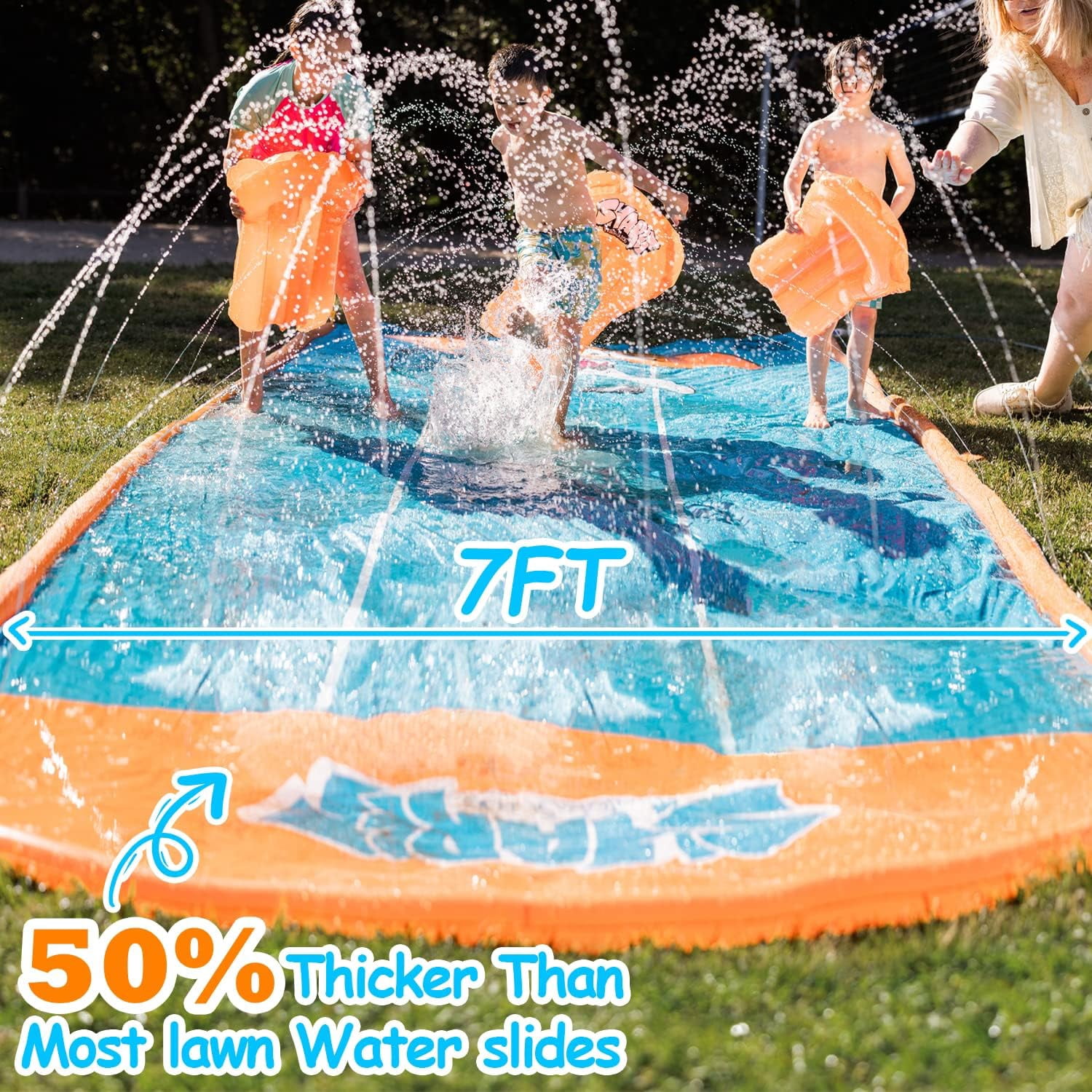 Slip Water Slide, 17ftx7ft Kids Slip Water Slide for Backyard Lawn, 3 Sliding Racing Lanes and 3 Inflatable Bodyboards with Sprinklers, Shark Pattern Outdoor Summer Water Toy