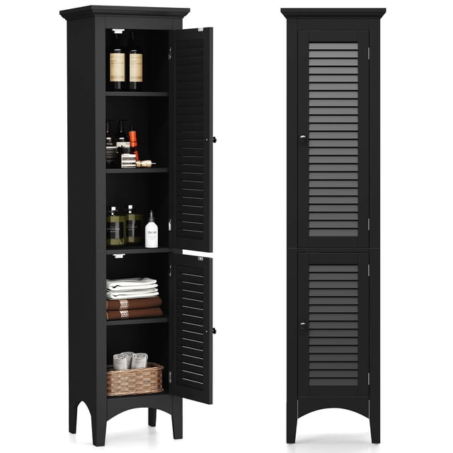 Costway 63" Tall Bathroom Cabinet with 2 Louvered Doors & Adjustable Shelf, Elevated Legs Black