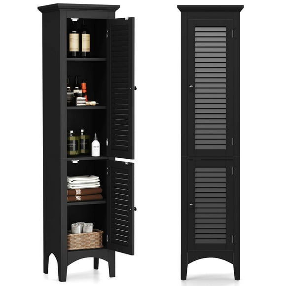 Costway Armoire de Salle de Bain de 63 Pouces de Hauteur avec 2 Portes à Persiennes et Tablette Ajustable, Pattes Surélevées Noir