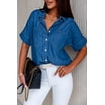thumbnail image 1 of Women's Blue Turn-down Collar Short Sleeve Denim Shirt, 1 of 9