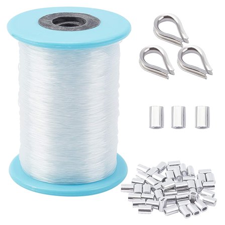 Strong Clear Nylon Wire 218 Yd Nylon Wire with 20 Psc Stainless Steel Thimble and 50 Pcs Aluminum Crimping Sleeves for String Lights Hanging Decor for DIY