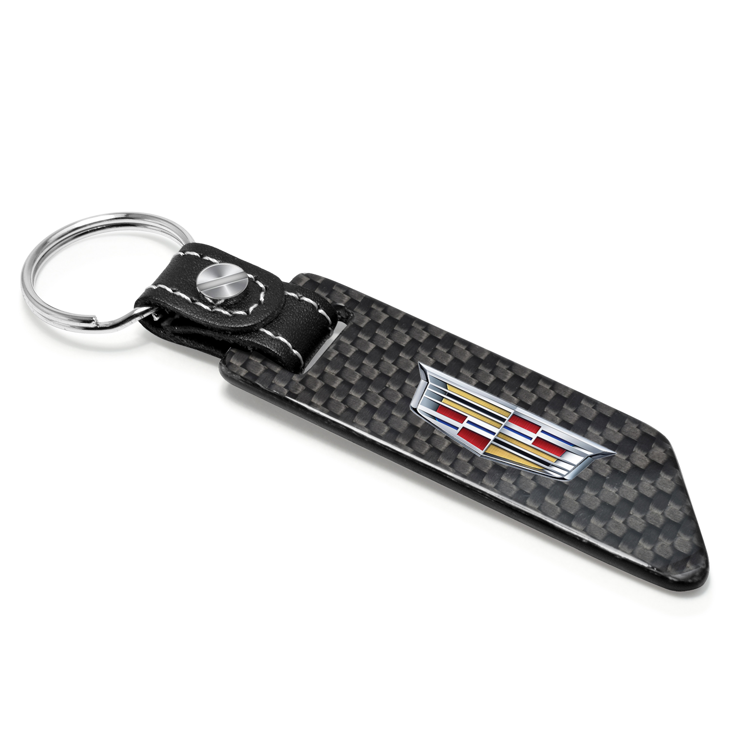 iPick Image for Cadillac Crest Logo Black Real Carbon Fiber Blade Style with Black Leather Strap Key Chain, Official Licensed